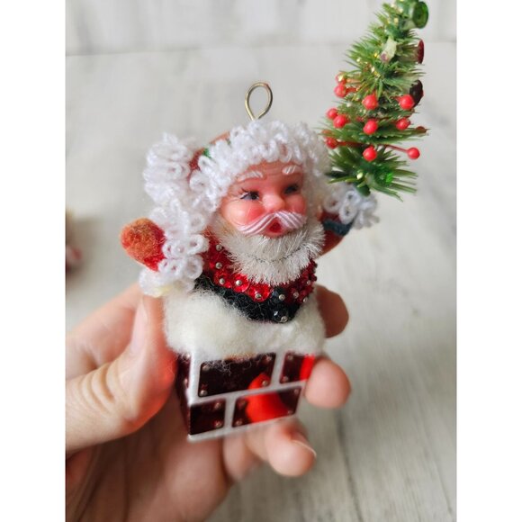 Vintage flocked Santa skier plastic chimney tree ornament beaded Xmas Santa with - Picture 13 of 15